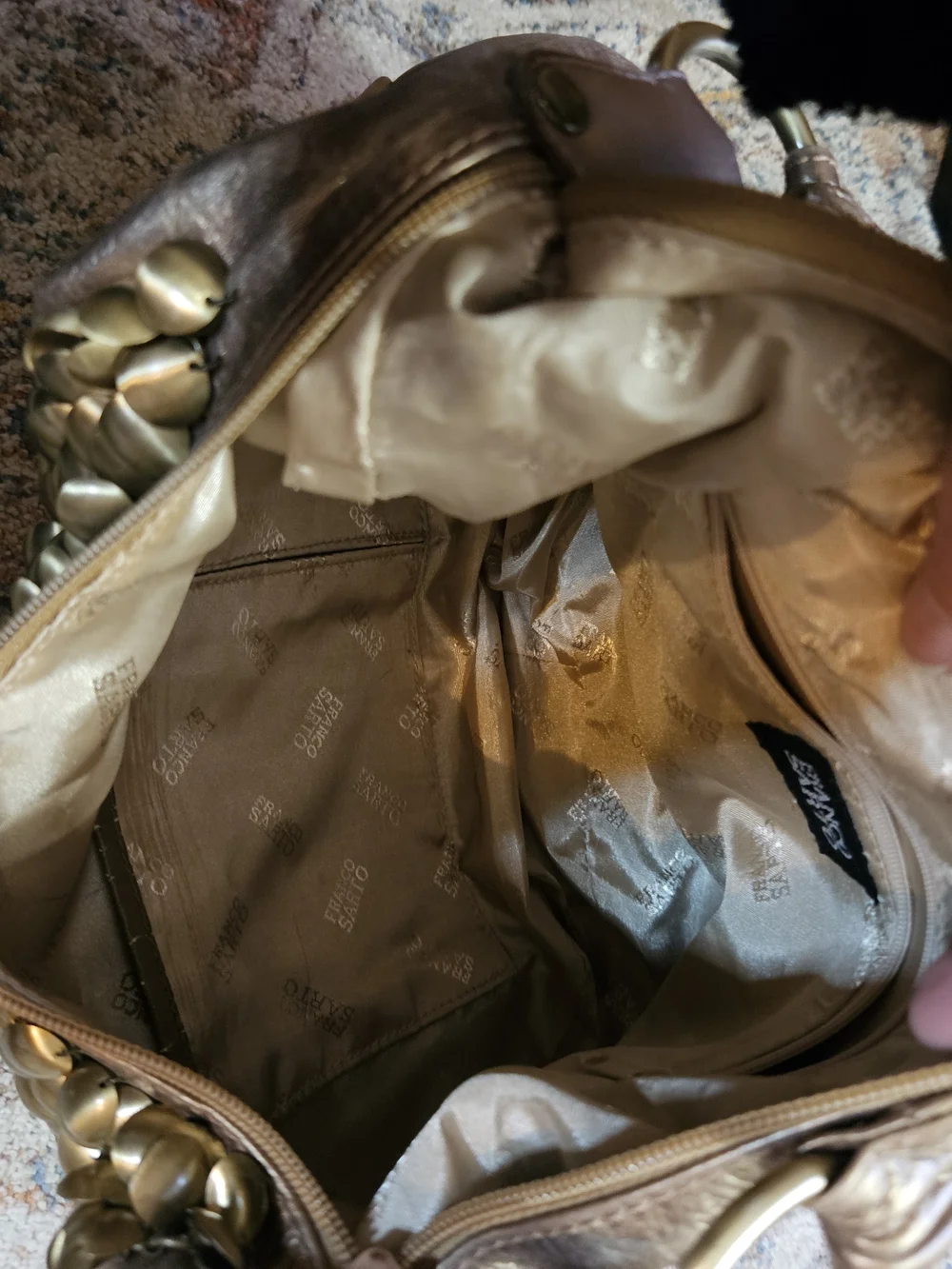 Franco Sarto Metallic Bronze Hobo Bag Coin Trim Slouchy Boho Shoulder Glam Purse